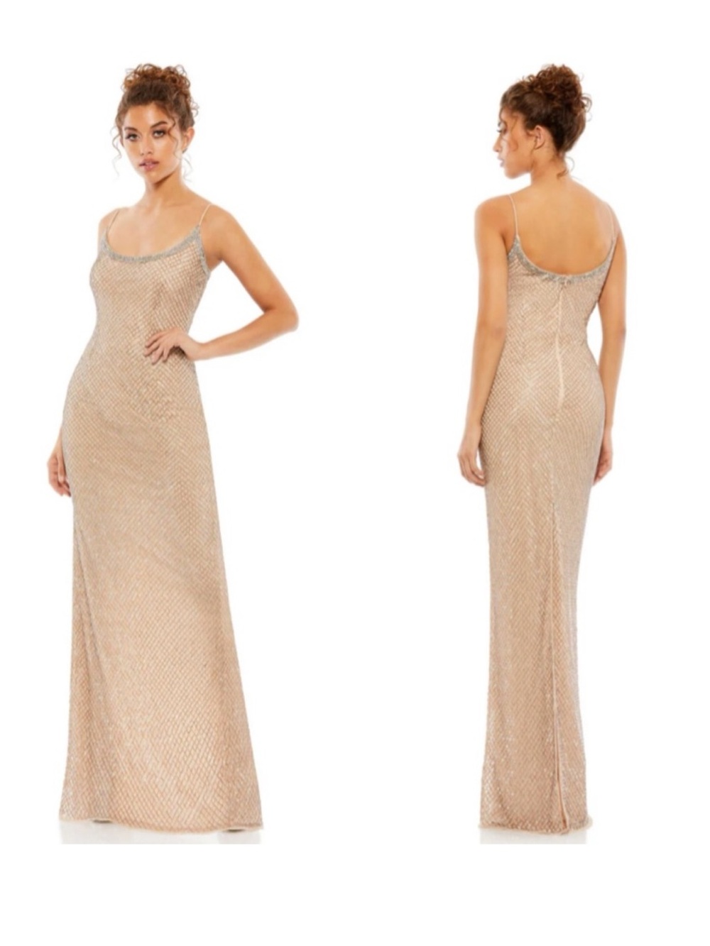 Nude/Champagne Beaded Spaghetti Strap Column Gown. Brand New. Never Worn.